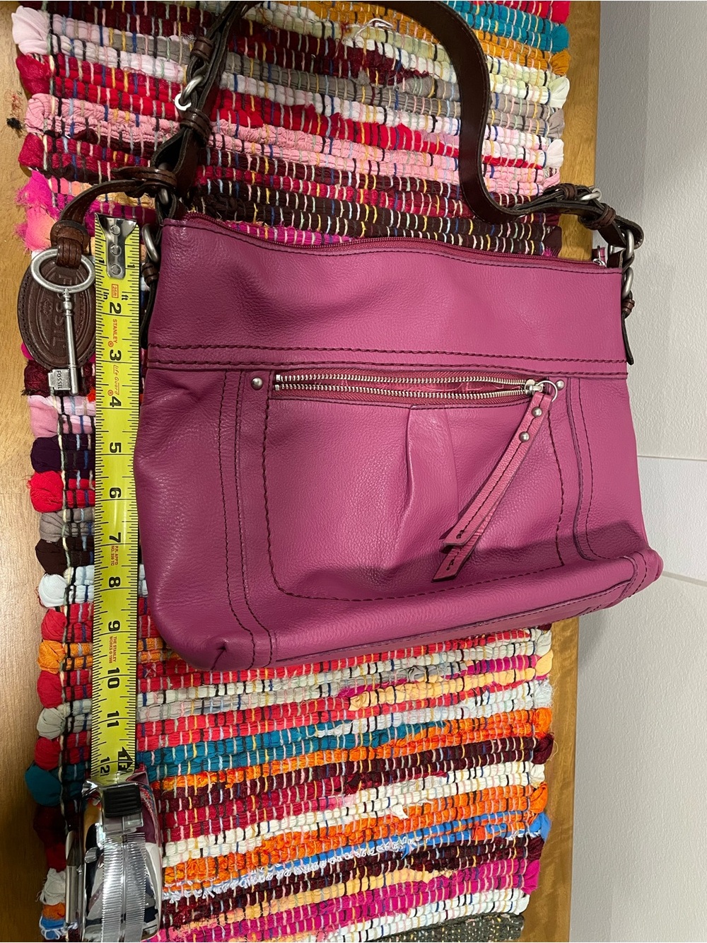 Fossil Pink Leather Shoulder Bag with Dark Brown Strap - Picture 2 of 9